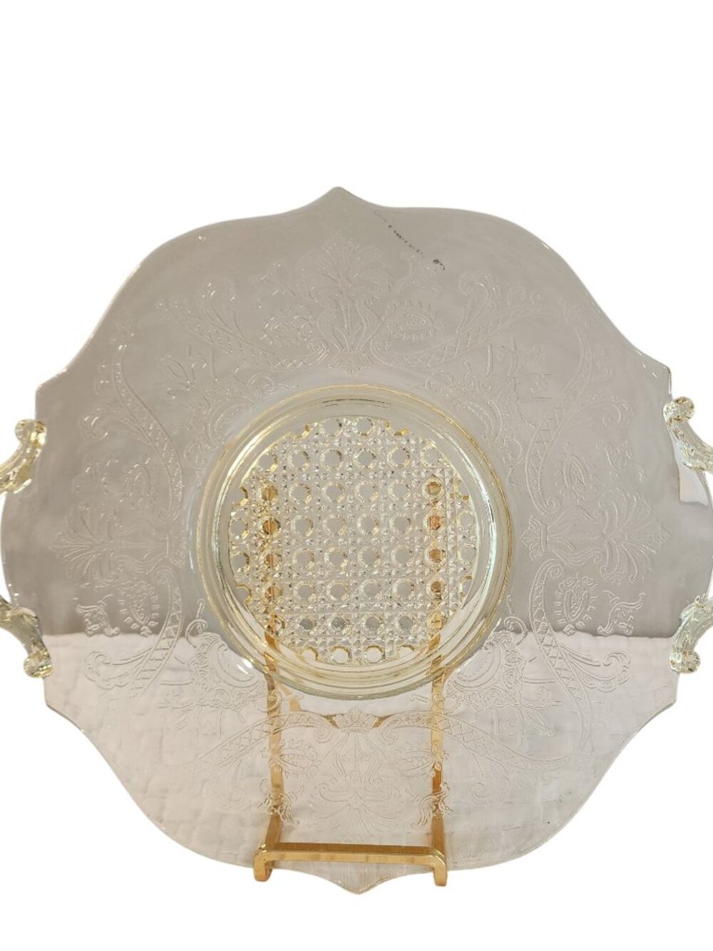 Vintage Lancaster Cane Landrum Topaz Depression Glass Platter Intricate Pressed